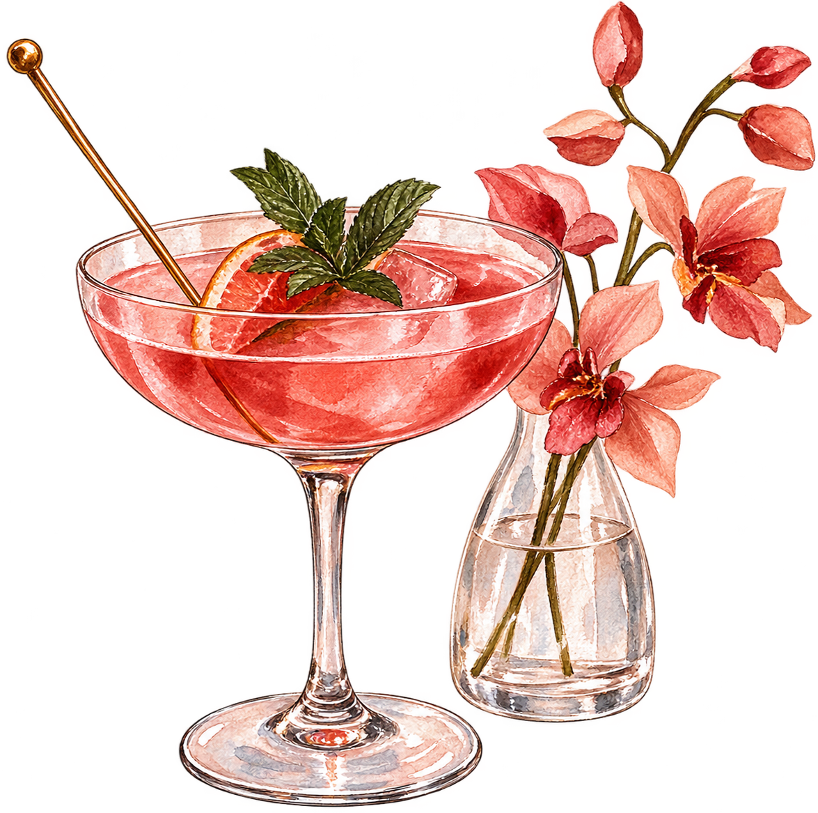 A pink cocktail in a coupe glass garnished with a slice of lemon and mint leaves, with pink flowers in a clear small vase nearby.