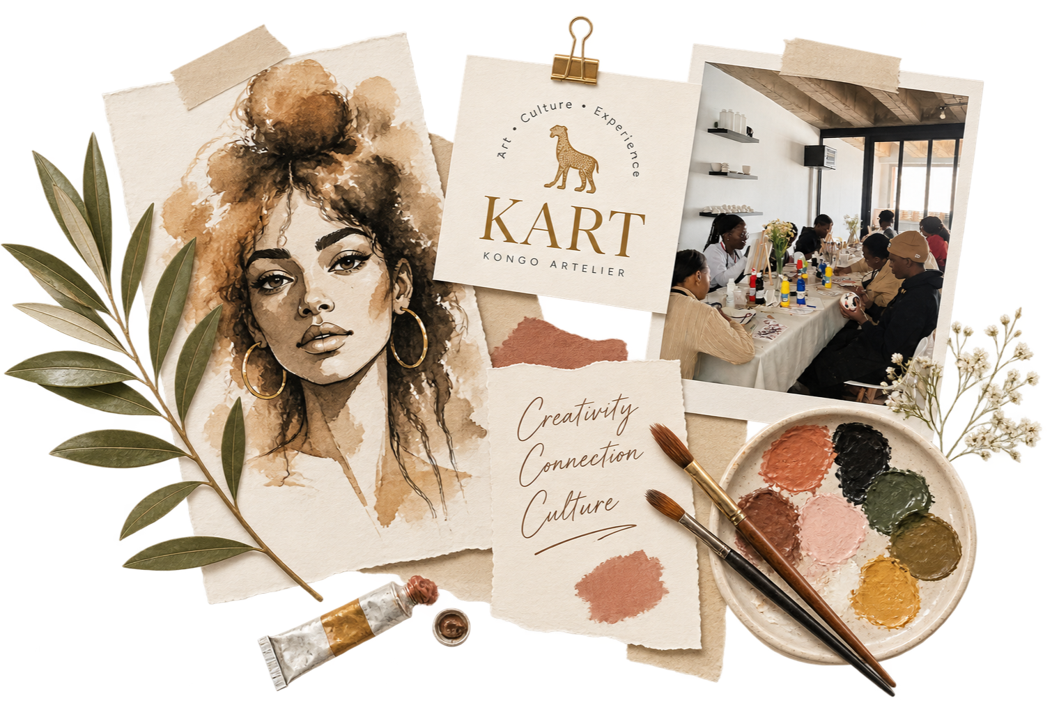 A collage of art and culture-themed items including a watercolor portrait of a woman with curly hair, leaves, a flyer for Kongo Artelier with a lion logo, a group of people participating in an art workshop, a palette of paint with brushes, and decorative flowers.