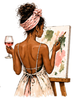 Woman with curly hair in a pink headscarf, painting on a canvas, holding a glass of wine.