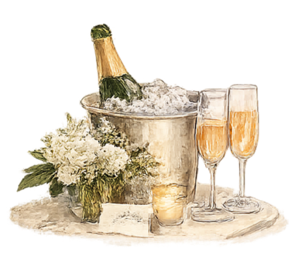 A champagne bottle in a silver ice bucket, two flutes of champagne, a glass with a drink, a candle, and a bouquet of white flowers on a tray.
