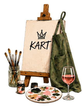 An artist's easel with a canvas that says "KART" and a crown drawing, a jar of paintbrushes, a paint palette with mixed colors, a glass of rosé wine, a green apron, and an apron standing against a black background.