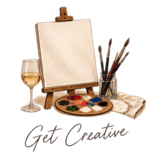 Art supplies including a blank canvas on a small easel, a glass of white wine, a paint palette with various colors, brushes in a container, and a cloth, with the phrase 'Get Creative' written below.