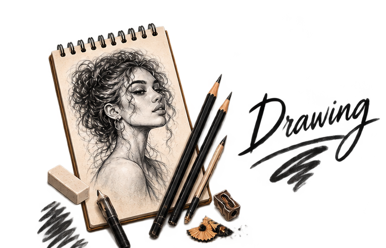 A detailed pencil sketch of a woman with curly hair on a spiral notepad, surrounded by colored pencils, an eraser, a sharpener, and a pencil sharpener.