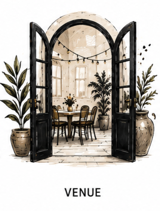 Open black double doors leading into a decorated event venue with plants, string lights, and a table with chairs inside.