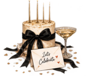 A birthday cake with multiple lit candles, decorated with a black ribbon, alongside a glass of champagne and a card that reads 'Let's Celebrate'.