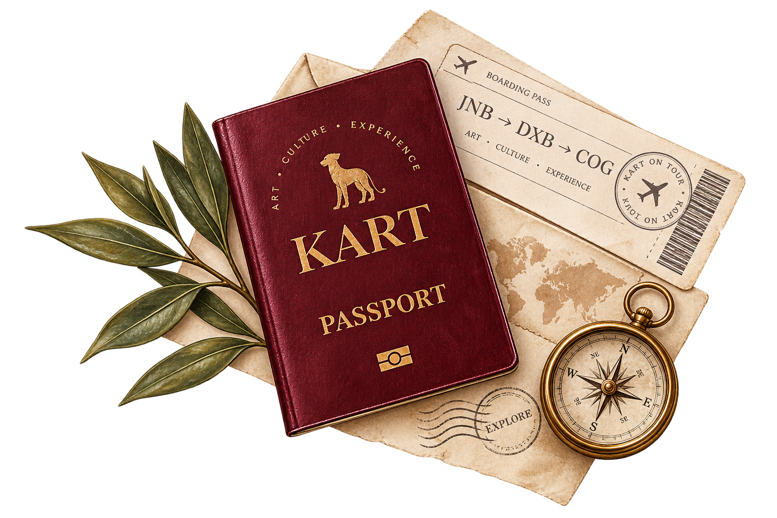 Travel essentials including a maroon KART passport, vintage leaf illustration, boarding pass, travel map, and brass compass.