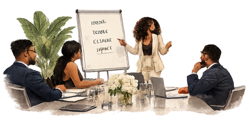 Business meeting with four people, one standing and presenting at a whiteboard, three seated at a conference table, in a modern office with large plant and floral centerpiece.