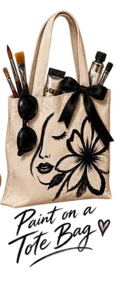 A beige tote bag with a black floral sketch and face outline on it. The bag contains makeup brushes, a black ribbon, sunglasses attached to the bag, and other cosmetics.