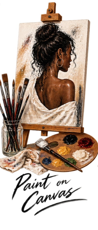 A painting of an African American woman with curly hair in a bun and hoop earrings, draped in a white cloth, on an easel. Art supplies, including brushes, a palette with various paint colors, and a cloth, are arranged around the painting.