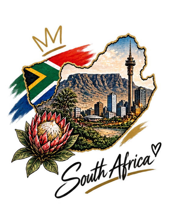 Illustration of the South Africa map with Mountains, the city skyline including the tall tower, the South African flag, a protea flower, and the words "South Africa" written below.