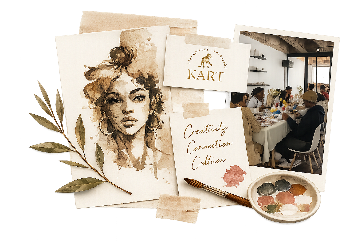 A collection of art supplies and artwork, including a watercolor portrait of a woman, a paint palette with mixed colors, a paintbrush, and a message card that reads 'Creativity Connection Culture.' There is also a printed logo for 'KART' and a photograph of people gathered around a table during a creative workshop or gathering.