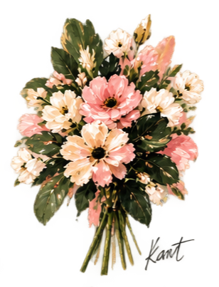 Pink and white flowers in a bouquet with green leaves.