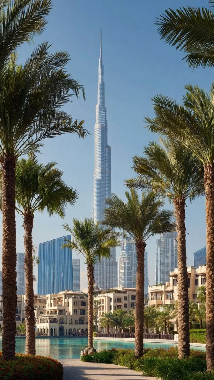 Skyline view of Burj Khalifa towering over modern buildings with palm trees in the foreground and a water feature at the base.
