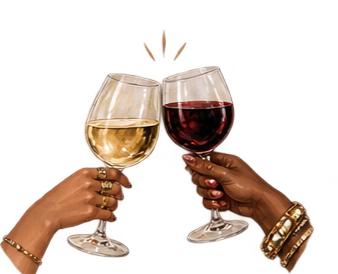 Two hands holding wine glasses, one with white wine and one with red wine, with a small plant between them.