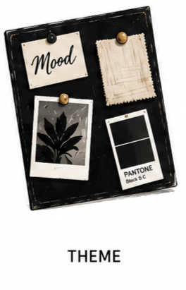 Black mood board with four photos pinning on it, including a handwritten note, a textured paper, a botanical picture, and a Pantone color swatch, with the word 'THEME' written below.