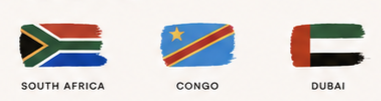 Three flags labeled South Africa, Congo, and Dubai.