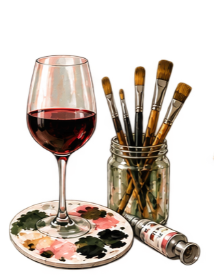 A glass of red wine on a decorative plate, surrounded by makeup brushes in a jar and a tube of lipstick.