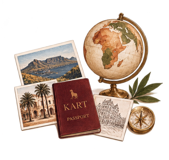 Travel-themed items including a world globe, a red passport with a dog emblem, vintage postcards of landscapes, architecture, and palm trees, and a compass.