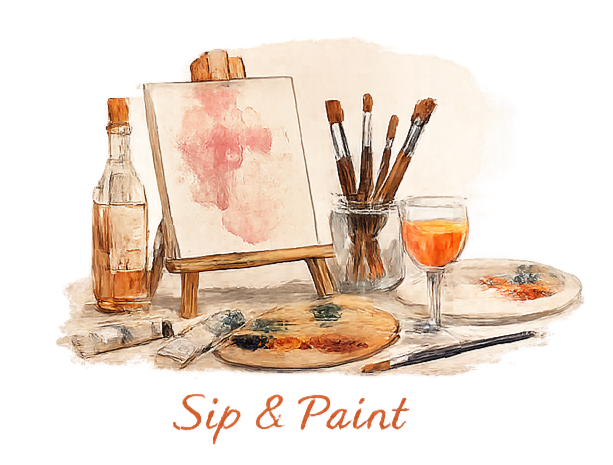Watercolors, paintbrushes, glass of wine, canvas on easel, palette with paint, and art supplies on a tabletop.