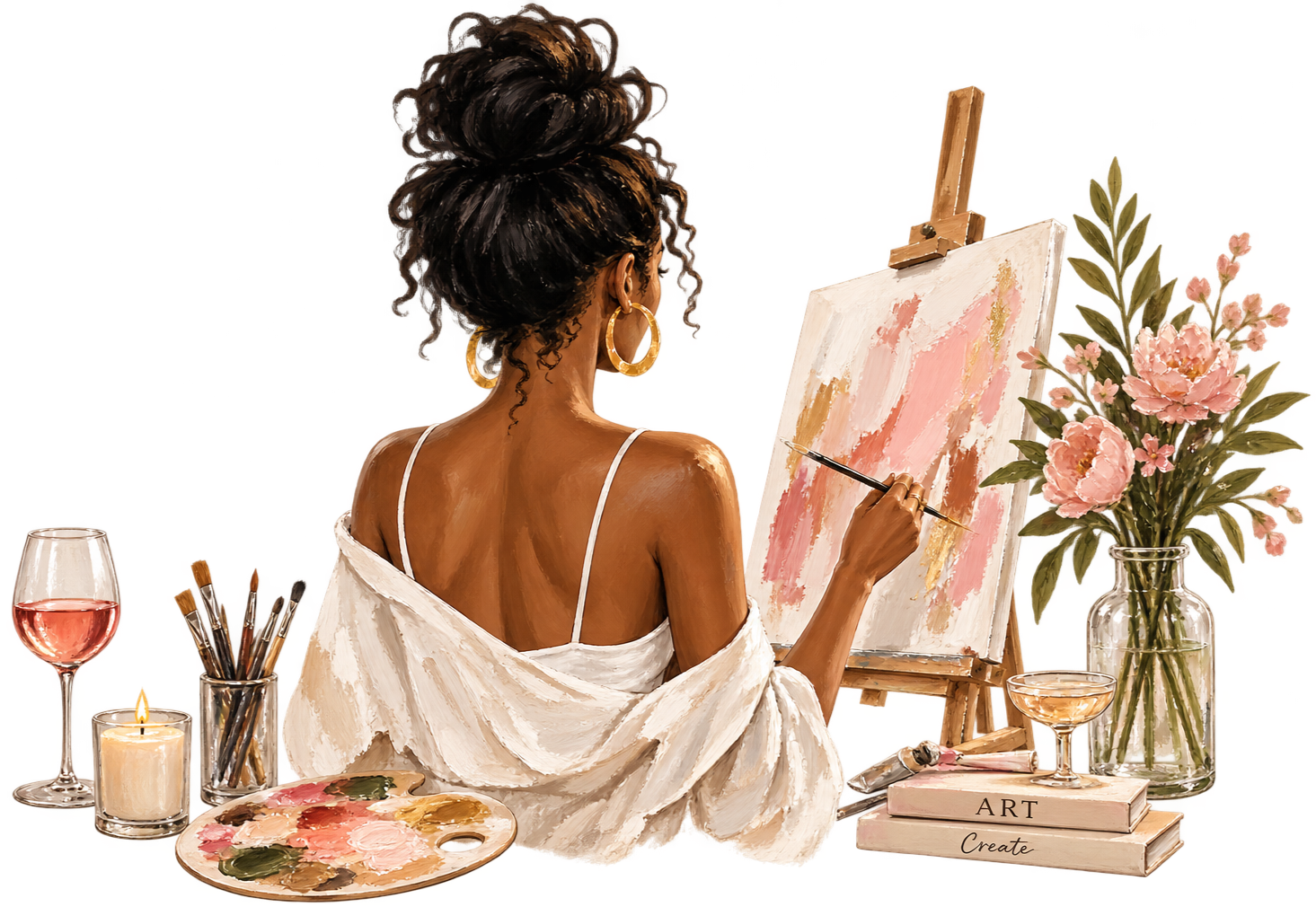 A woman with dark hair in a bun and large gold hoop earrings, dressed in a white off-the-shoulder top, sitting at an easel and painting an abstract picture with pink, white, and gold colors. She is holding a thin paintbrush. On the table beside her are art supplies including a glass of rosé wine, a candle, a cup filled with paintbrushes, a painter's palette, and a sketchbook with the words "ART" and "Create" on it. A large vase of pink peonies with green leaves is also on the table.