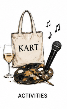 A tote bag with the word 'KART' on it, a glass of white wine, a painter's palette with paintbrushes, a microphone, and musical notes.