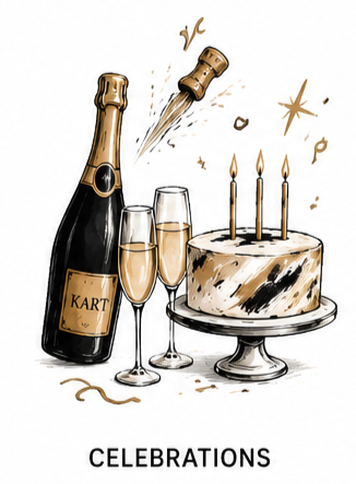 Champagne bottle, two glass flutes of champagne, a cake with three lit candles, and champagne corks with confetti, celebrating a special occasion.