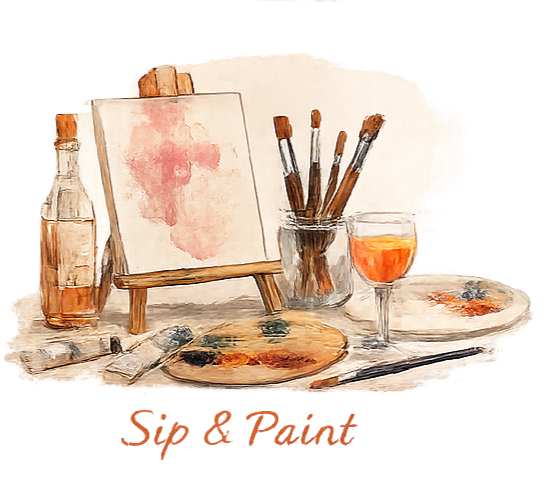 Watercolor painting supplies, including brushes, a palette, and a painting on an easel, with a glass of orange beverage on a table.