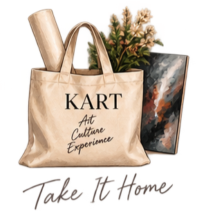 A tote bag with the words 'KART Art Culture Experience' printed on it, surrounded by a rolled poster, a potted plant, and a tablet, all placed against a red background.