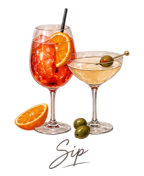 Two cocktail glasses with orange slices and olives, one filled with a red-colored drink and the other with a clear drink, set against a white background.