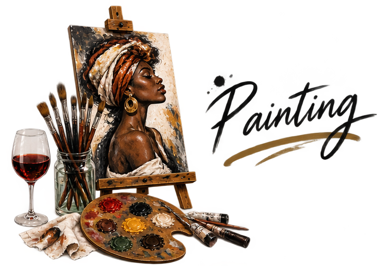 Painting of a woman with a headwrap, surrounded by art supplies like brushes, a painter's palette, and a glass of red wine.