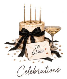 Chocolate birthday cake with candles, black bow, and a 'Let's Celebrate' card surrounded by decorative black ribbons and gold accents.