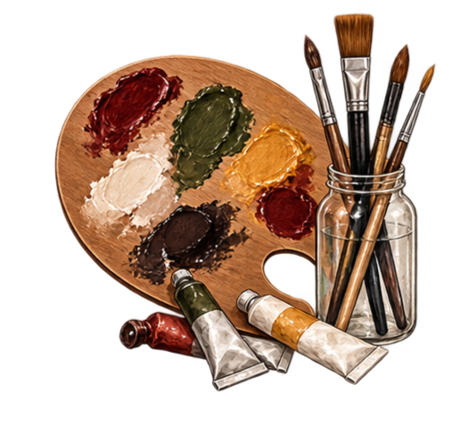 An artist's palette with six blobs of paint in red, green, yellow, white, black, and maroon, along with a glass jar holding paintbrushes and tubes of paint.