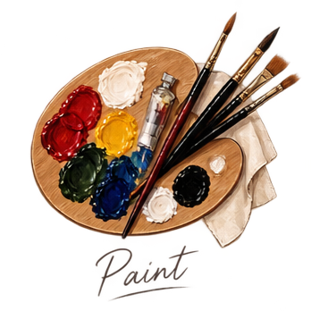 An artist's wooden palette with red, yellow, green, blue, white, and black paint, along with five paintbrushes resting on the palette.