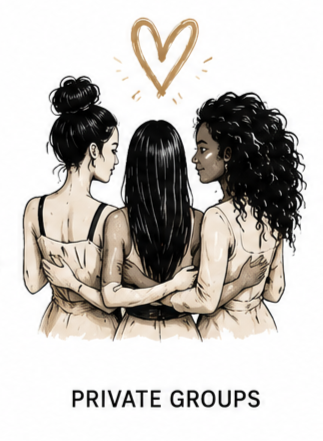 Three women embracing each other, viewed from behind, with a drawing of a heart above them and the words 'Private Groups' below.