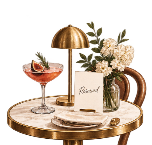 A table with a reserved sign, a cocktail glass with a pink drink, a bouquet of white flowers in a mug, a gold lamp, and a folded napkin with a spoon.