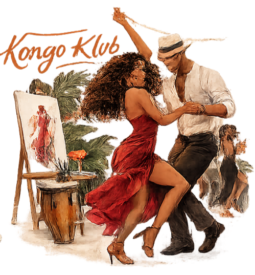 A woman and a man dancing Taki Taki Kongo with a painted canvas, drums, and tropical plants in the background.