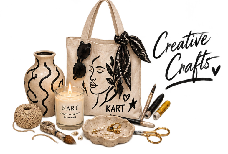 A collection of artistic and craft items including a tote bag with a line drawing of a woman's face and accessories, a vase with black squiggly lines, a lit candle labeled "KART," a ball of twine, a ceramic dish with scissors and jewelry, and several art markers.