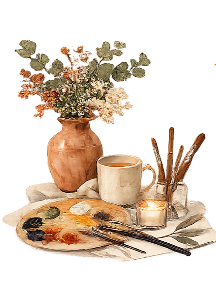 A painting of a still life scene featuring a bouquet of dried flowers in a brown vase, a cup of coffee, a small container with brushes, a ceramic dish with paint, and a cloth.