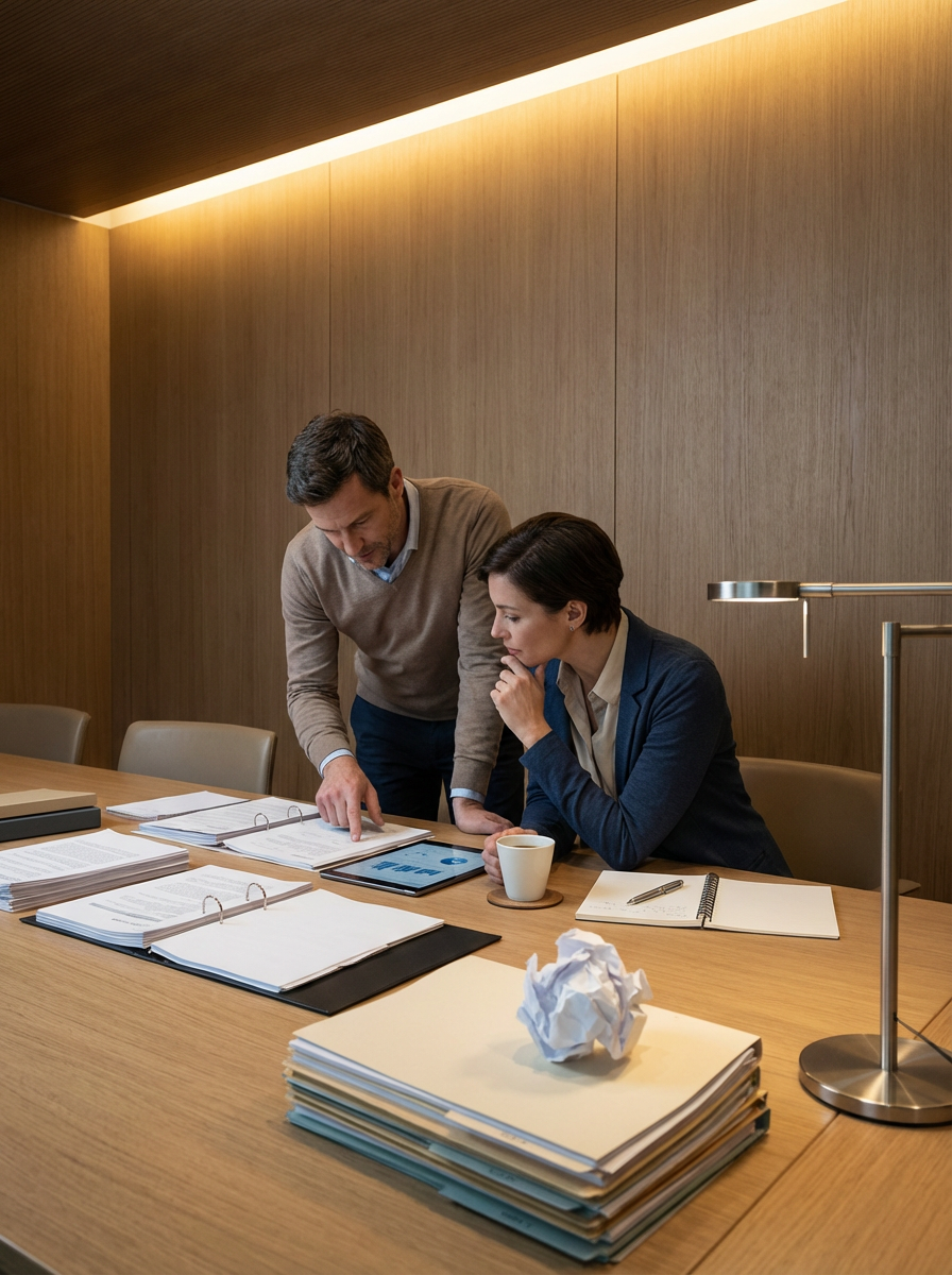 Two professionals, a man and a woman, working together at a cluttered conference table in a wood-paneled office.