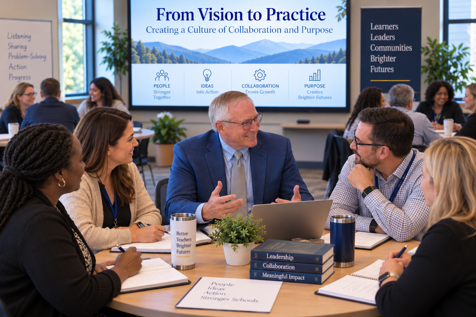 A group of diverse professionals having a discussion at a round table in a conference room with large windows. A presentation slide in the background reads 'From Vision to Practice' and includes icons and text about creating a culture of collaboration and purpose. There are notebooks, cups, a potted plant, and stacks of books on leadership, collaboration, and impactful action on the table.