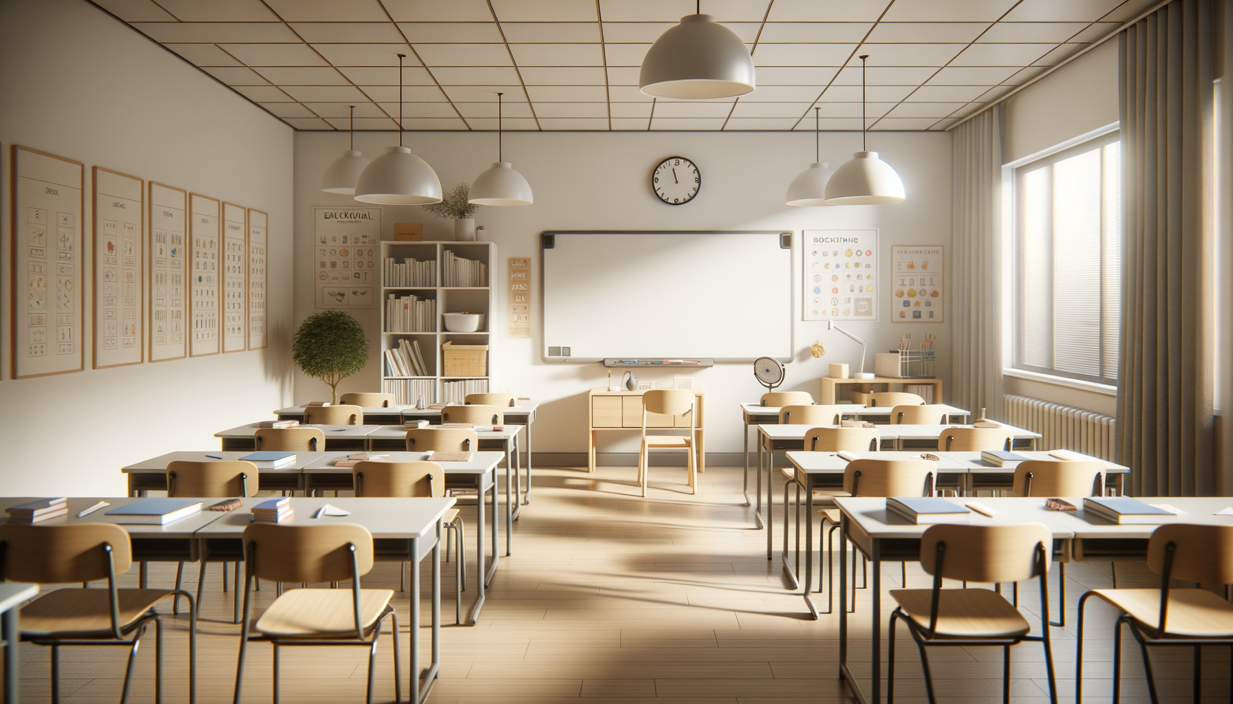 Empty classroom with desks arranged in three rows, whiteboard, clock, and shelves filled with books, with sunlight coming through blinds.
