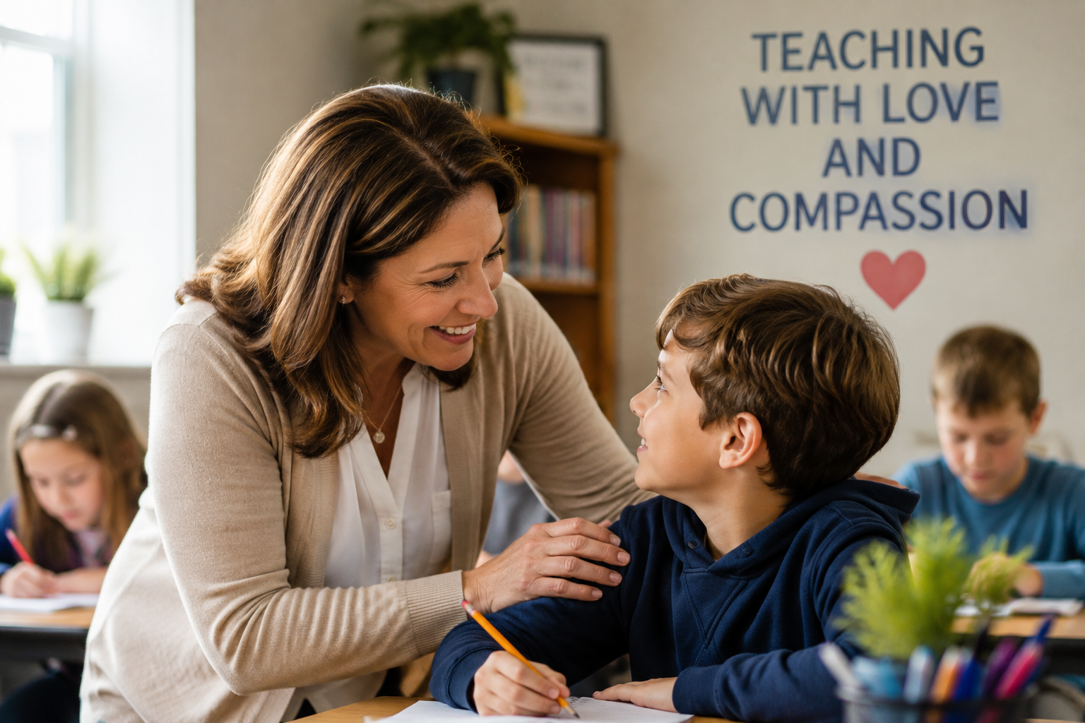 A teacher smiling and talking to a young student in a classroom with other children in the background. The wall behind them has a sign that reads "Teaching with Love and Compassion" with a red heart symbol.
