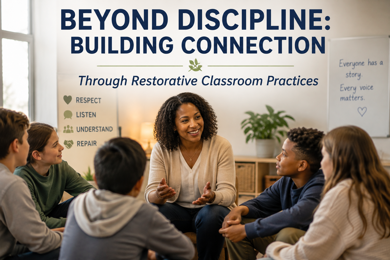 A group of diverse students and a teacher sitting in a circle during a classroom discussion about building connection through restorative practices, with educational posters on respect, listening, understanding, and repair on the walls.
