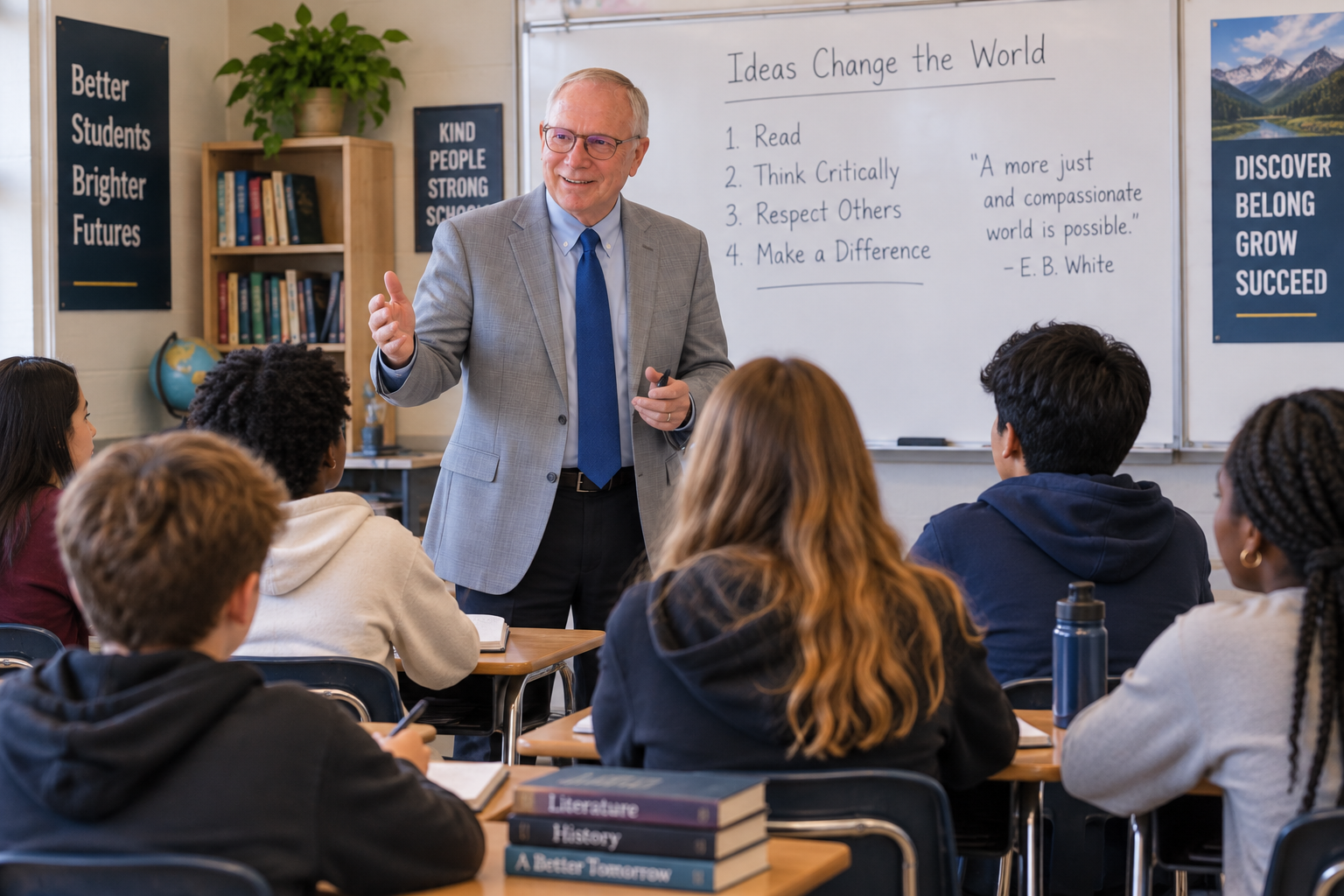 A teacher in a gray suit and blue tie speaking to a classroom of students. The whiteboard behind him displays a list titled 'Ideas Change the World' with four points about reading, critical thinking, respecting others, and making a difference, alongside a quote from E. B. White. Classroom posters and books are visible in the background.