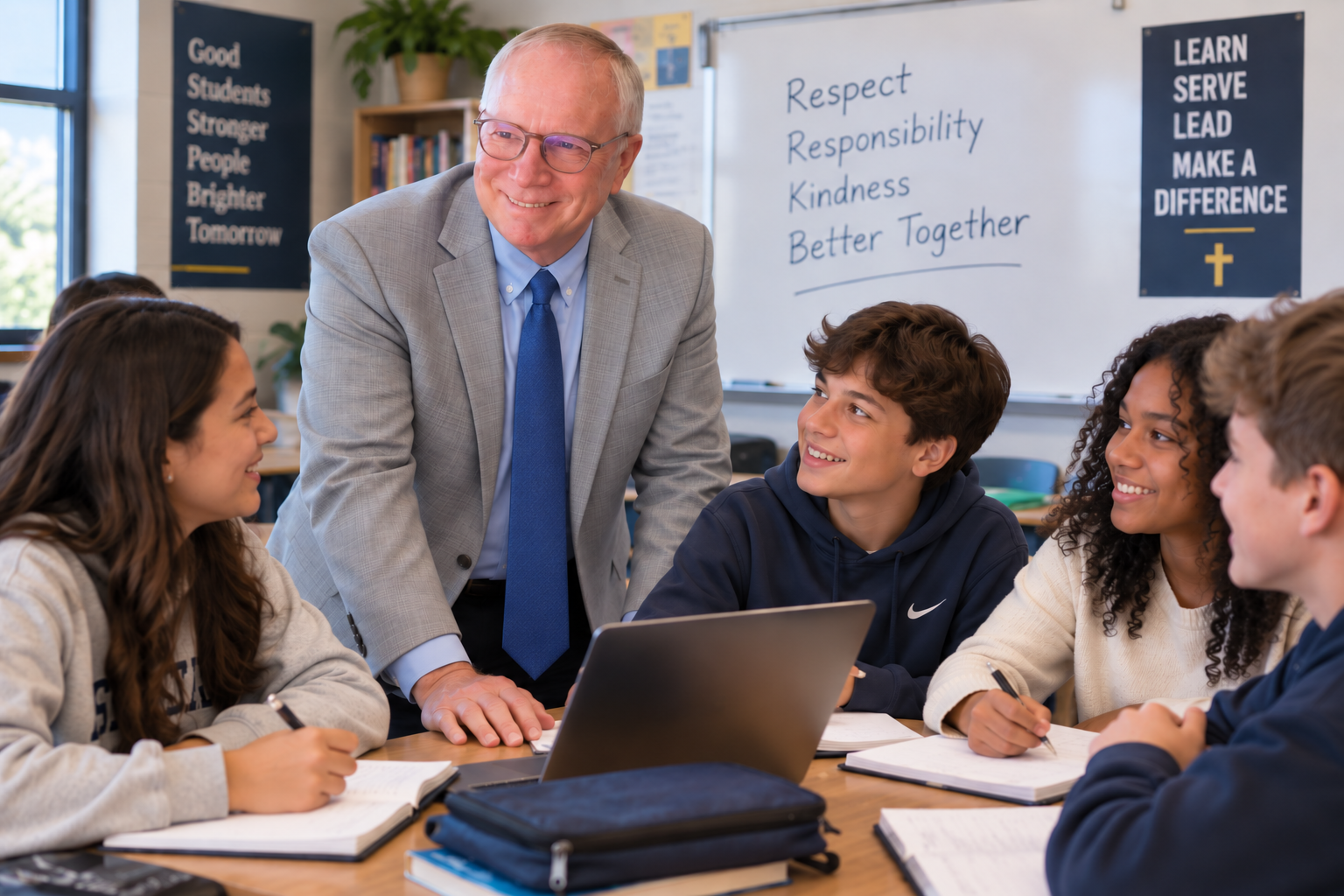 A teacher talking to a group of diverse students in a classroom with educational posters and a whiteboard.