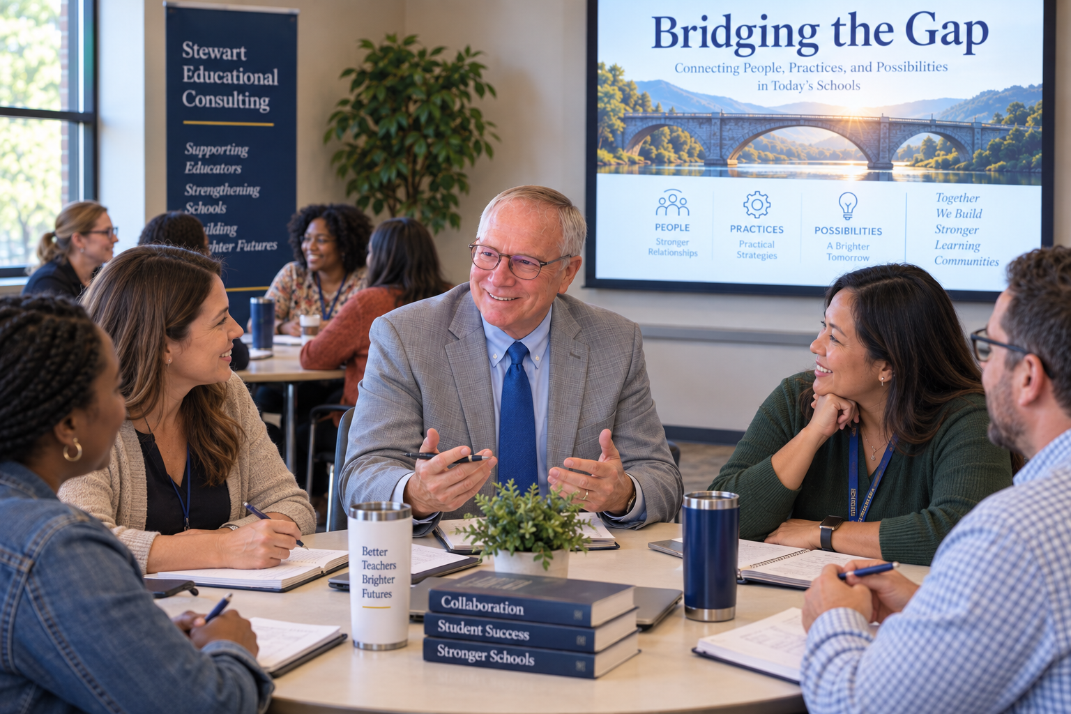 Group of diverse teachers in a faculty meeting room, smiling and engaging, with presentation screen in background titled "Bridging the Gap" about connecting people, practices, and possibilities in schools.