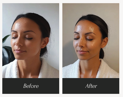 Comparison photo showing a woman before and after skincare treatment, with clear, glowing skin in the after image.