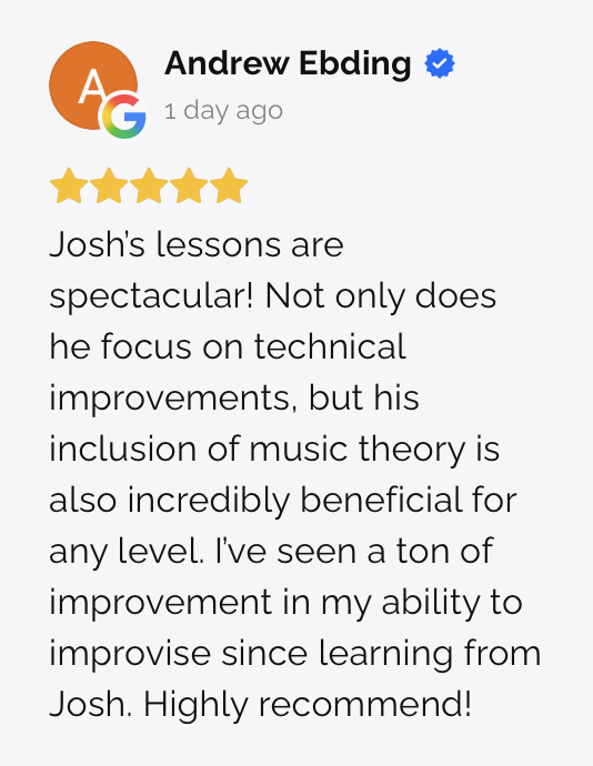Online review from Andrew Ebing praising Josh's lessons for technical skills and music theory, with five stars and a recommendation.