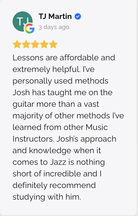 Customer review for TJ Martin with a five-star rating, praising his affordable and helpful guitar lessons and recommending studying with him.