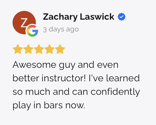 Screenshot of a Google review by Zachary Laswick with five gold stars, praising an instructor for being awesome and confidence building.